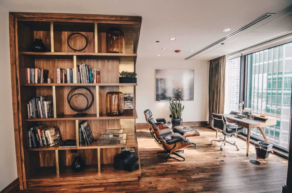 Wooden furniture in an office space.